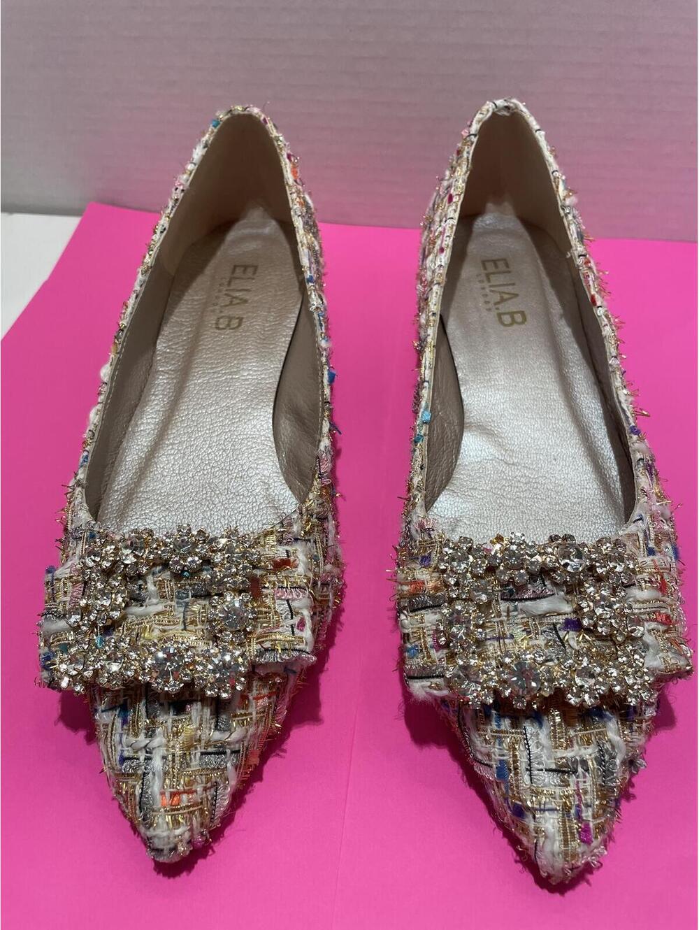 ELIA B Women's Tweed Pointed Toe Flats with Embellished Buckle